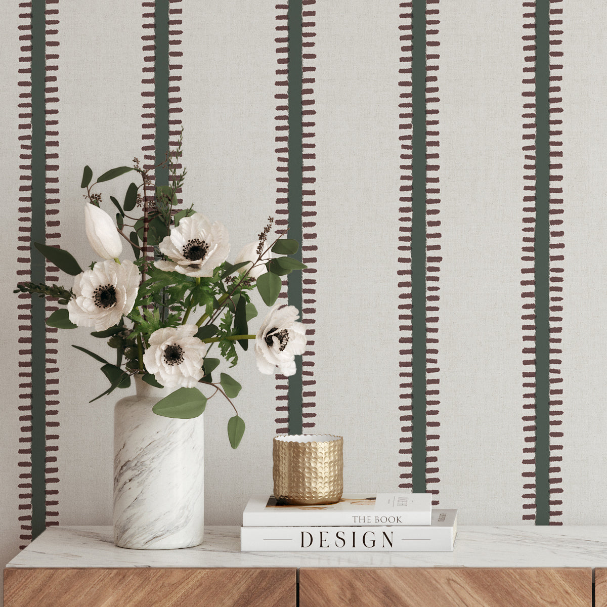 Papel pintado Rayas Pati verde burdeos 