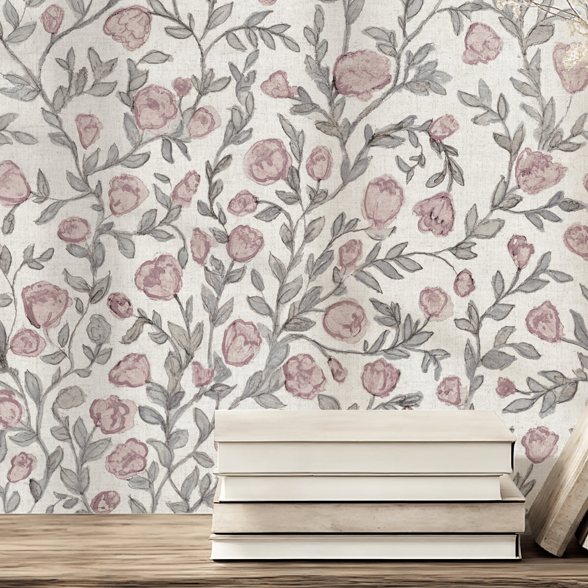 Papel pintado Shabby Flowers rosa empolvado y verde agua grisáceo