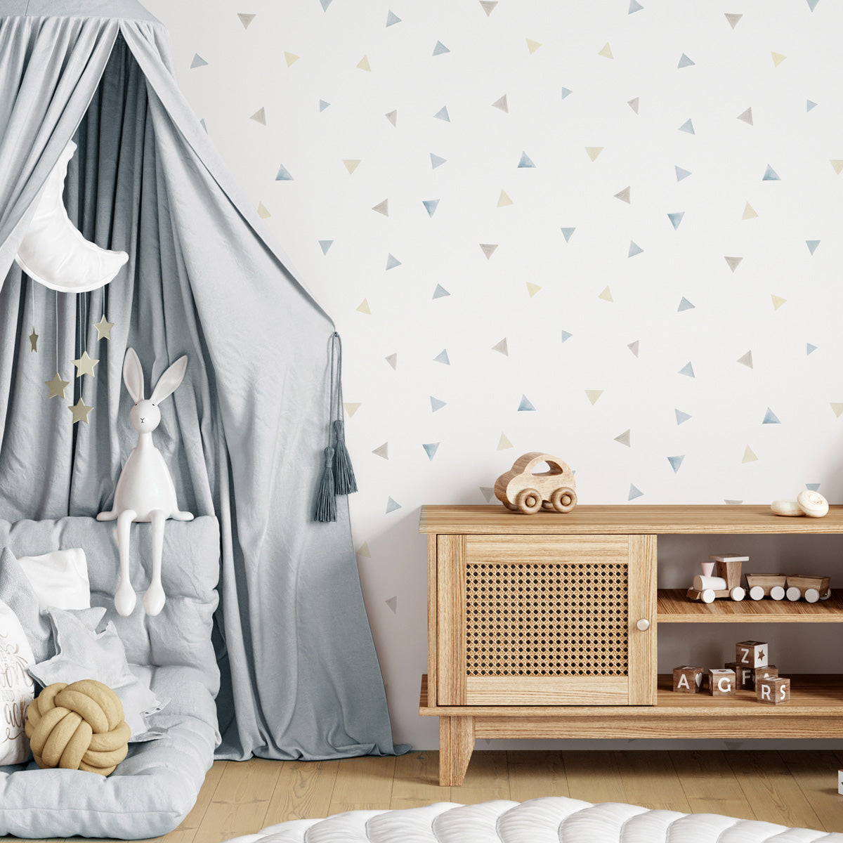 Papel pintado Triangulos azul en tonos pastel para decoración de cuartos de niños