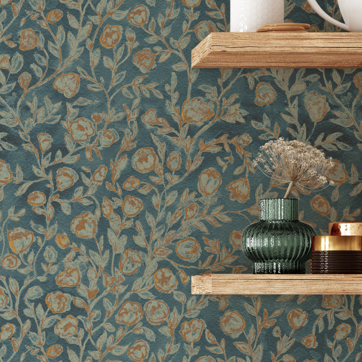 Papel pintado verde botella y mostaza para la decoración del hogar