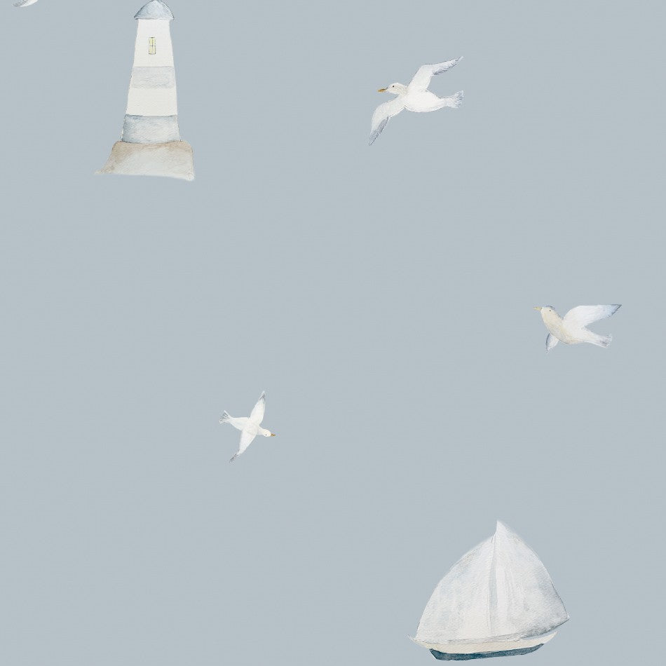 El papel pintado Faro azul presenta diseños motivos náuticos hechos a mano y reproducidos posteriormente en impresión digital de alta calidad. Ideal para decorar casas de playa.