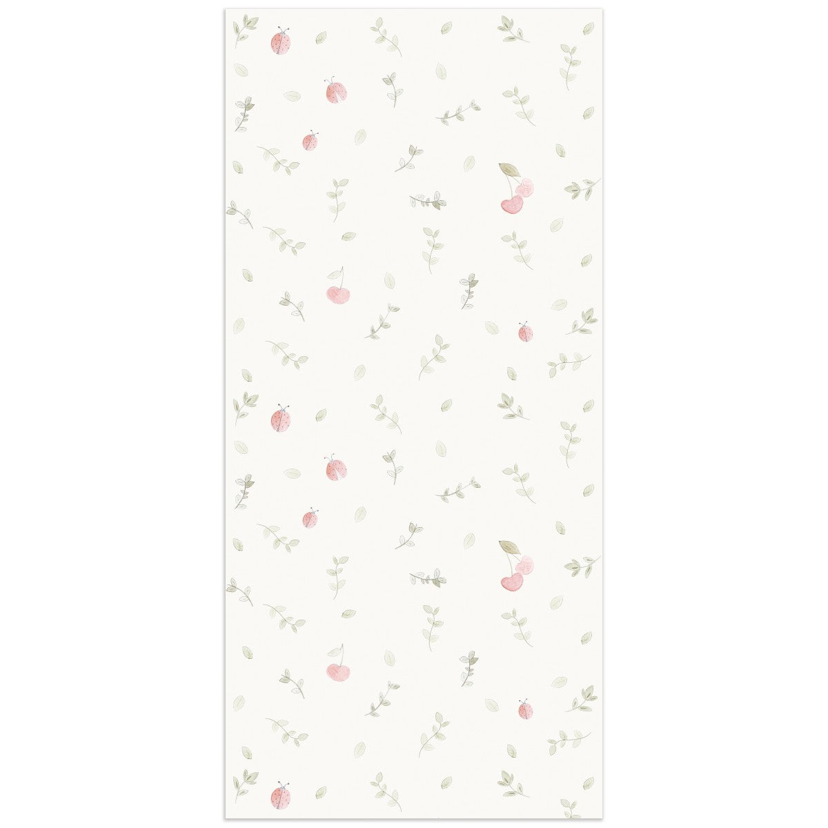 Papel pintado Mariquitas como su nombre indica está diseñado con un estampado d dibujitos de mariquitas y cerezas en tonos pastel. Es perfecto para crear un espacio infantil lleno de alegría y elegancia.