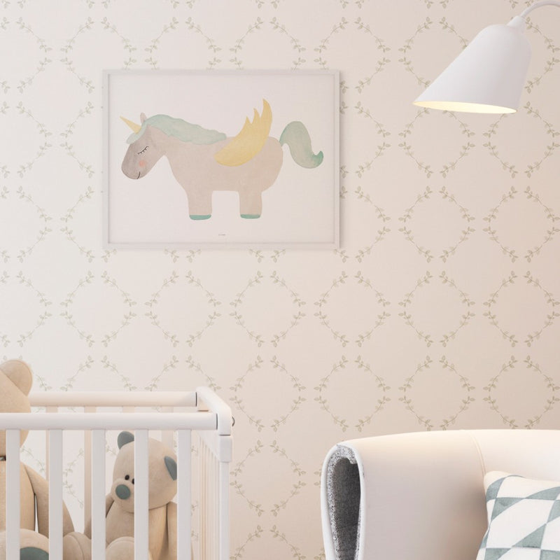 Cuadro Unicornio para decorar cuartos de bebés y niños, en marco blanco tamaño 33cm x 43cm. Diseño hecho a mano en acuarela e impreso en alta resolución en papel especial. 