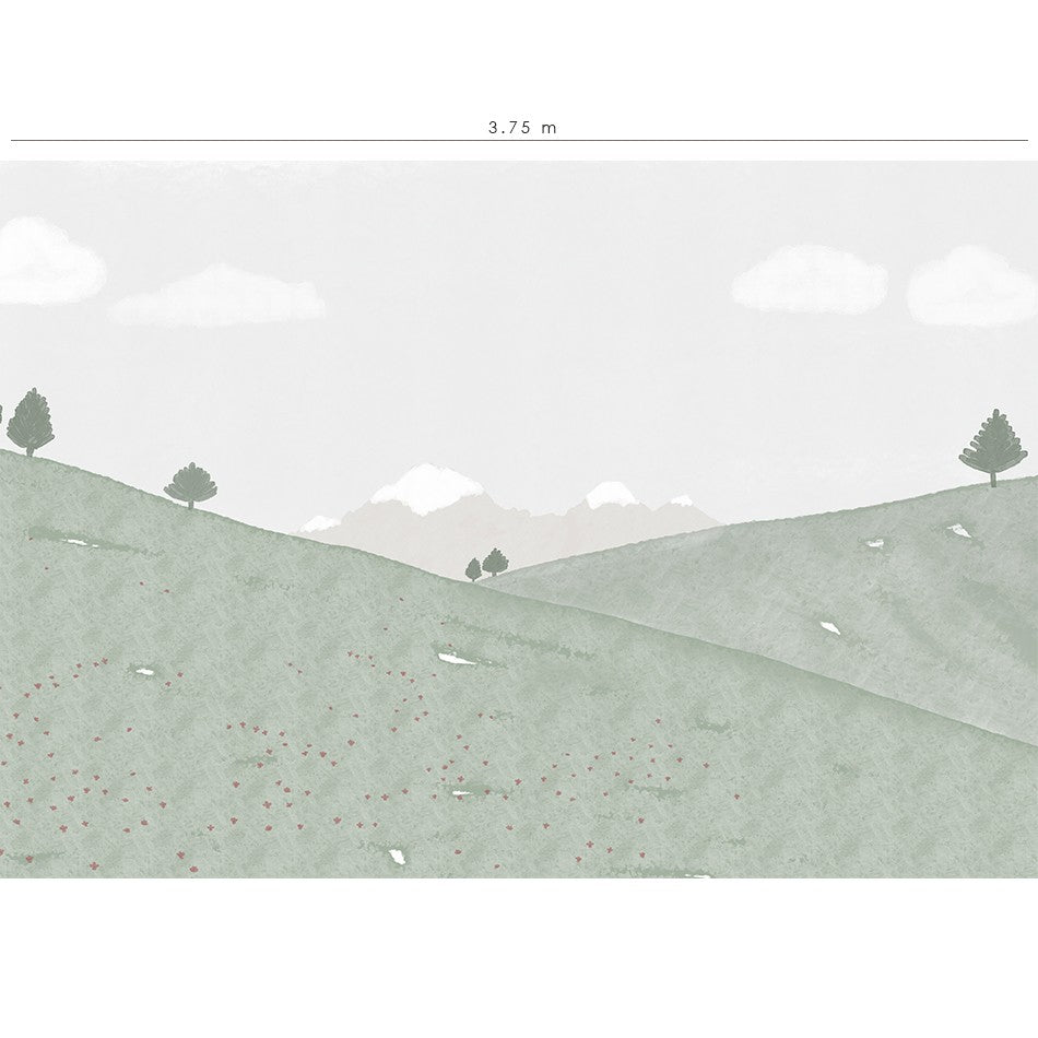 El mural de pared Mis Pirineos presenta un delicado diseño capaz de transmitir alegría y mucha paz a la decoración del cuarto infantil. 