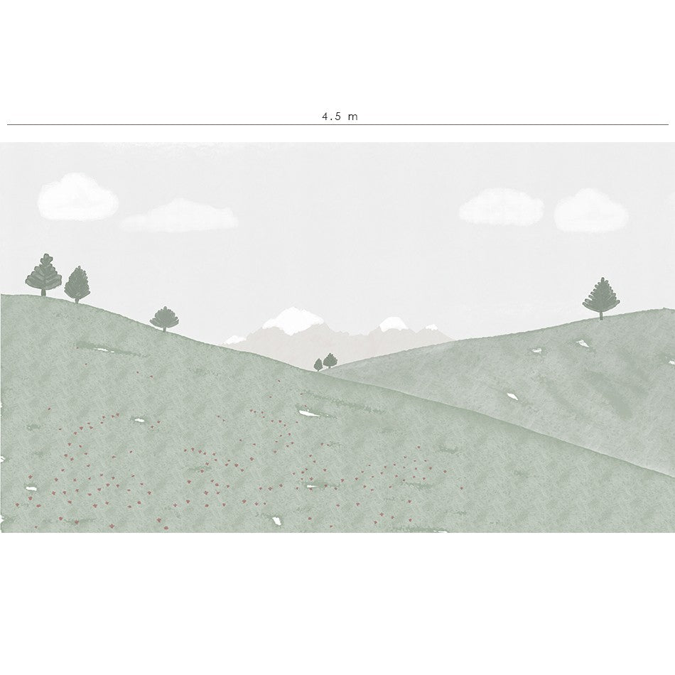 El mural de pared Mis Pirineos presenta un delicado diseño capaz de transmitir alegría y mucha paz a la decoración del cuarto infantil. 