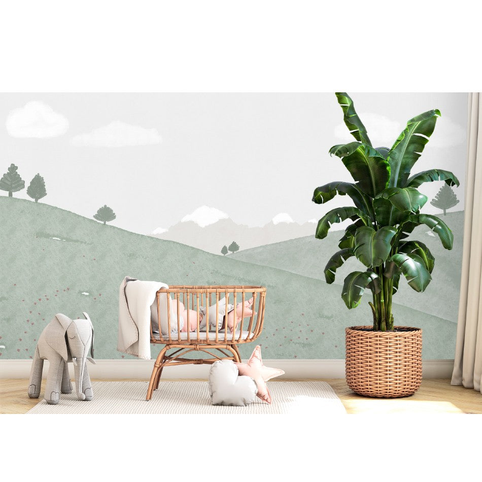 El mural de pared Mis Pirineos presenta un delicado diseño capaz de transmitir alegría y mucha paz a la decoración del cuarto infantil. 