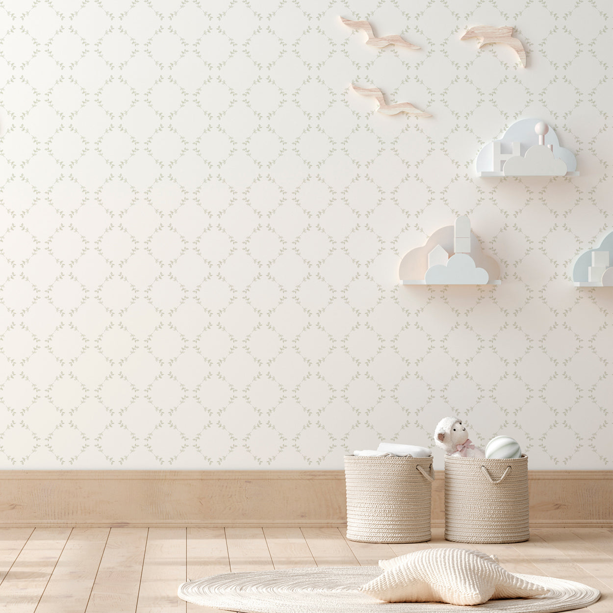 Papel pintado Ramas verdes para la decoración infantil con tonos neutros
