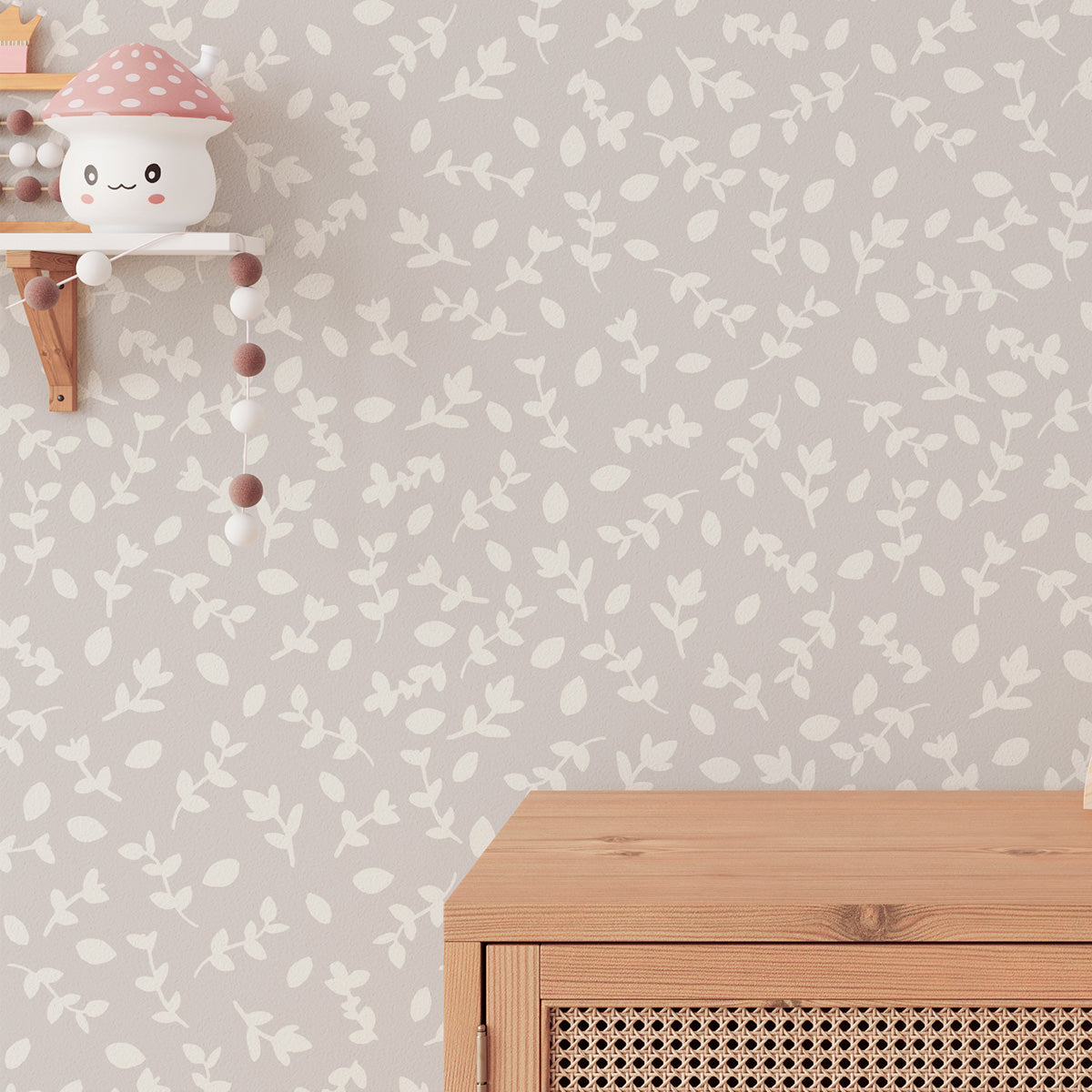 Cuartos de niños con decoración neutra de papel pintado ramitas greige
