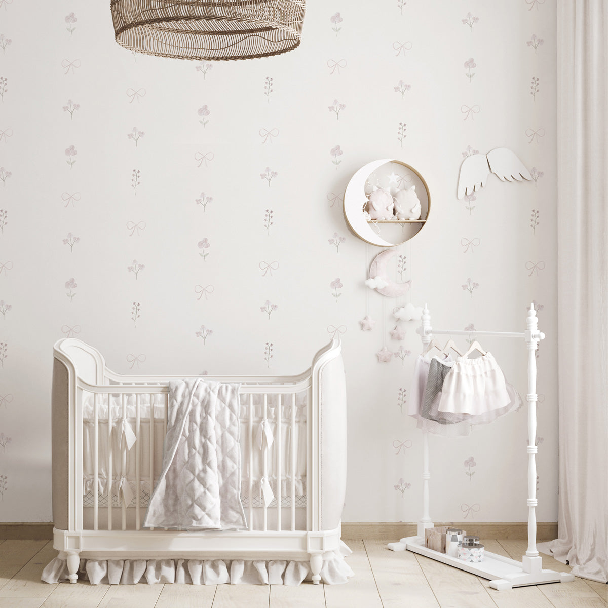 Decoración romántica para habitaciones de niñas con papel pintado lazos y flores