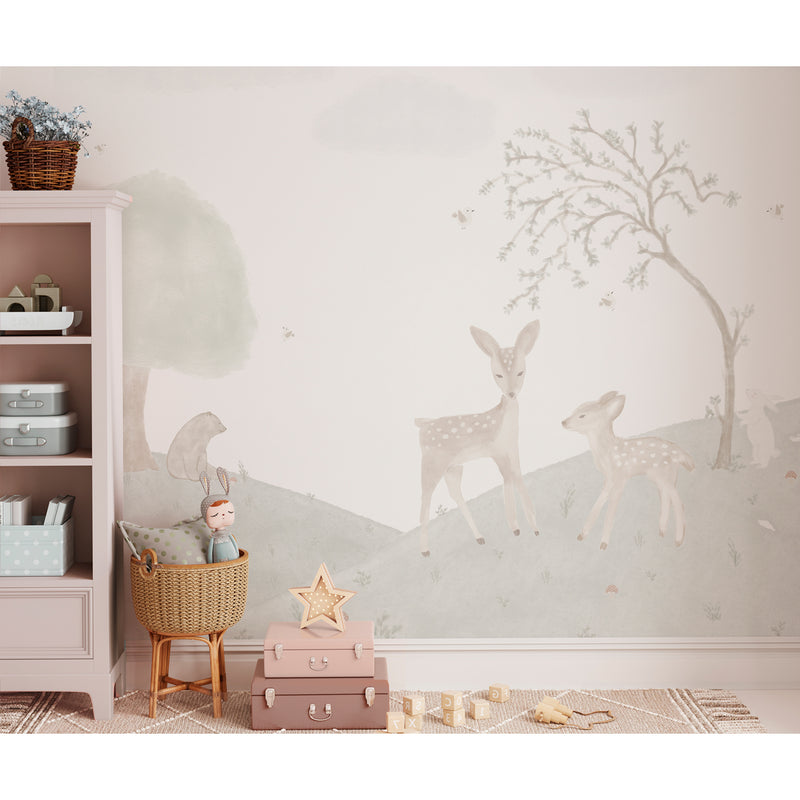 Mural de pared ciervos en el bosque para decoración de habitación de niños 