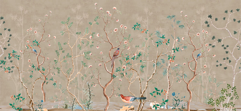 Mural decorativo Chinoiserie con pájaros y flores para la decoración