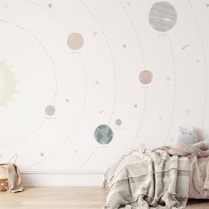 Mural decorativo con dibujos de planetas para niños