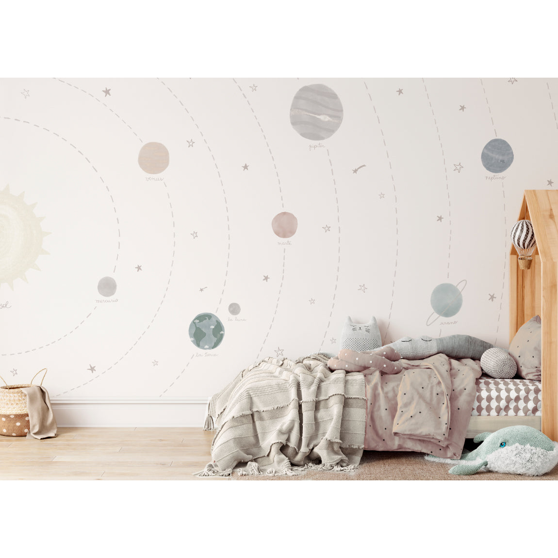 Mural infantil con dibujos de planetas