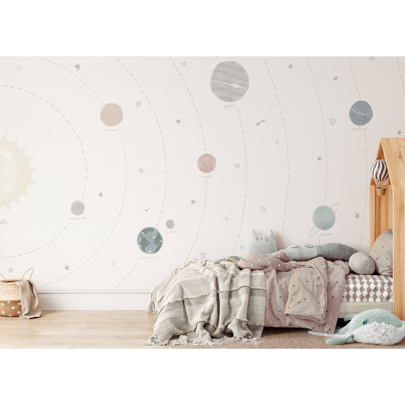 Mural infantil con dibujos de planetas